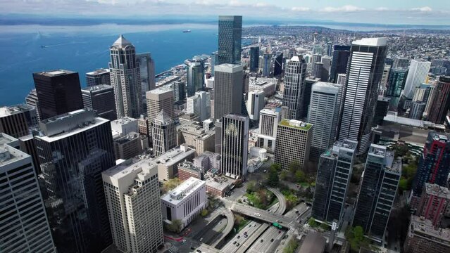 Downtown Seattle Aerial Reveal of Waterfront Skyline
