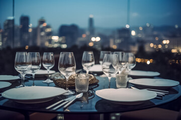 A luxurious dinner is set on a marble table with glass and ceramic dishes, silverware, and a stunning cityscape view in the background. The dinner takes place on a rooftop at twilight. generative AI.