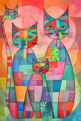 Abstract art colorful cats background. Modern expressionism painting. Ai generated - obrazy, fototapety, plakaty