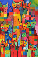 Abstract art colorful cats background. Modern expressionism painting. Ai generated - obrazy, fototapety, plakaty