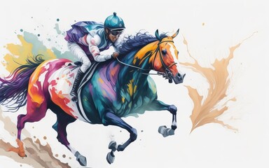Abstract watercolor paintings of a galloping horse and jockey on a white backdrop. 
