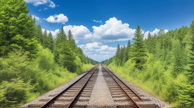 In the afternoon of a summer day, forest trees line a railway. Generative AI.