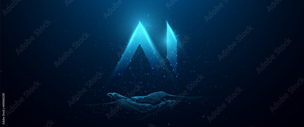 Aufkleber AI logo hanging over hands. Artificial Intelligence. Vector illustration. Low polygons, triangles, wireframes, and particle style. Vector illustration