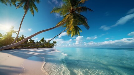 Sandy beaches with turquoise water, palm trees, sunny environment. Generative AI