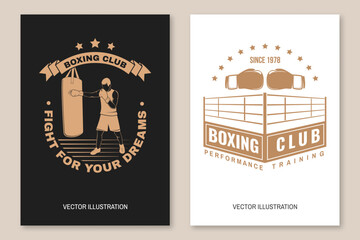 Set of Boxing club badge, logo design. Vector illustration. For Boxing sport club emblem, sign, patch, shirt, template. Retro poster, banner with Boxer, gloves, punching bag, boxing ring Silhouette. - obrazy, fototapety, plakaty