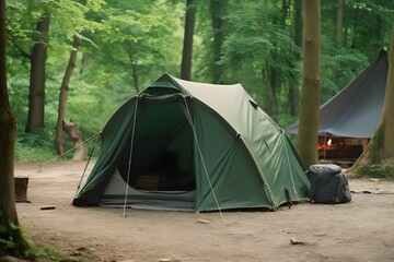 A green tent pitched in a campground surrounded by trees and nature.