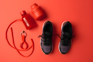 A top-down photograph of various fitness equipment items arranged on a colorful background.