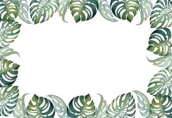 Fototapeta na wymiar Hand drawn watercolor exotic monstera leaves and hibiscus flowers. Circle wreath frame. Isolated on white background. Design wall art, wedding, print, fabric, cover, card, tourism, travel booklet.
