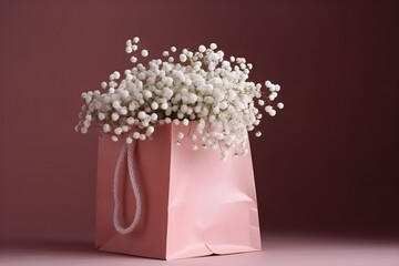 A pink paper bag with white Gypsophila flowers arranged in it.