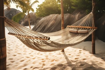 A relaxing hammock made with braids in the shade of a tropical setting.