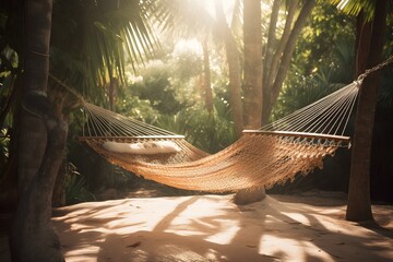 A cozy, braided hammock nestled in the shade of a tropical oasis.