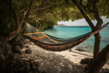 A cozy and relaxing traditional braided hammock in the shade on a tropical day.