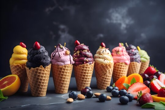 An assortment of ice cream flavors in cones including blueberry.