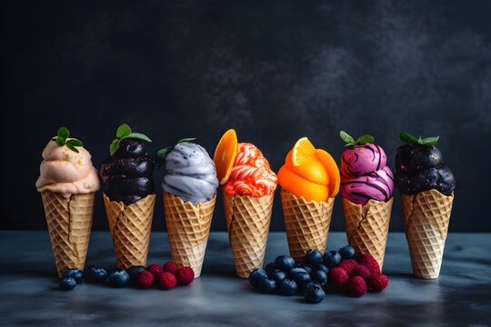 An assortment of ice cream flavors in cones, including blueberry.