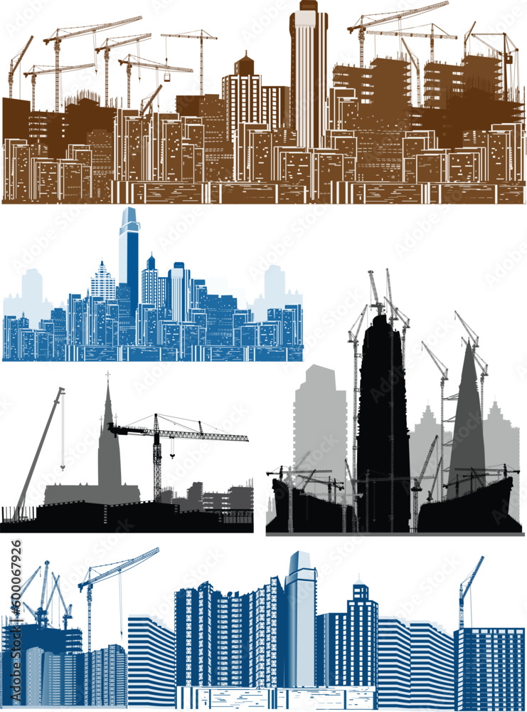 Wall mural set of three colors house buildings and cranes on white