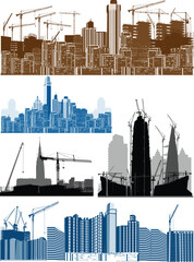 set of three colors house buildings and cranes on white