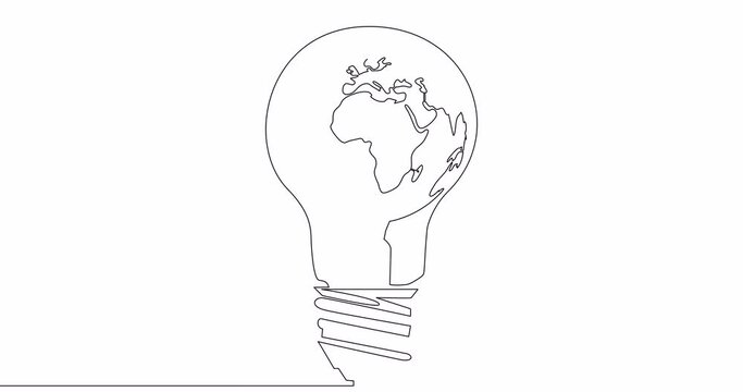 Self drawing line animation World map globe inside the lamp continuous one single line drawn concept video