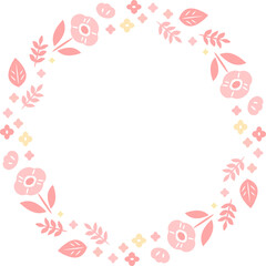 円形のフレーム　花と葉っぱ　ピンク