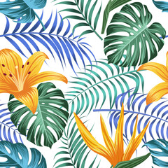 Naklejka premium Floral seamless pattern with leaves. tropical background