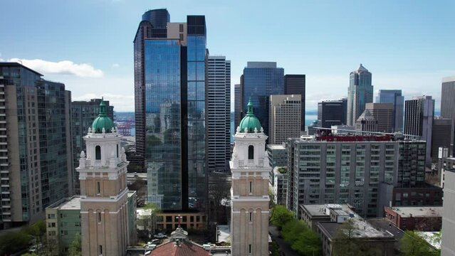 Drone Dolly of Modern and Historic Architecture in Seattle