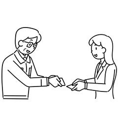 名刺交換をする作業服の男性とスーツ姿の女性