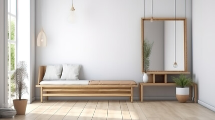 Fototapeta premium Mock up frame in home interior background, white room with natural wooden furniture. Generative Ai