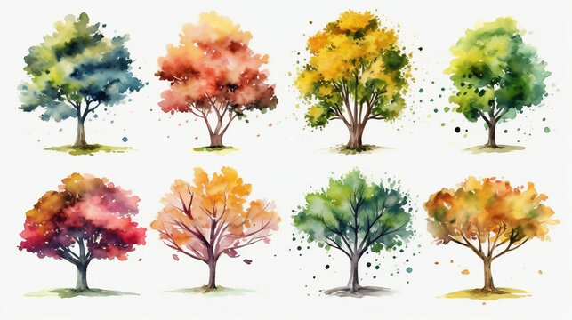 Watercolor trees on white background. Generative AI