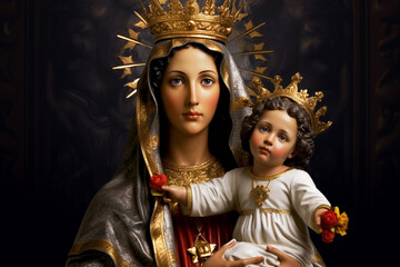 Virgen del Carmen, Blessed Virgin Mary, Our Lady Nossa Senhora do Carmo, mother of God in the Catholic religion, Madonna, religion faith Christianity Jesus Christ, saints holy. Generative AI