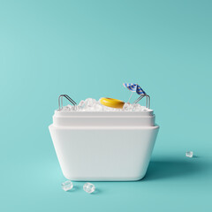 Ice bucket swimming pool on blue background. Creative summer. Minimal idea concept. 3d rendering