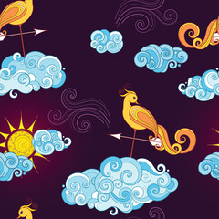 Fairytale Weather Forecast Seamless Pattern. Endless Texture with Romantic Weathercocks. Fantasy Cartoon Design on Dark Background. Vector Contour Illustration. Abstract Art