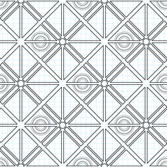 Seamless Geometric Pattern with Triangles, Drawn on Checkered Notebook. Endless Modern Mosaic Texture.  Fabric Textile, Wrapping Paper, Wallpaper. Vector Contour Illustration. Coloring Book Page