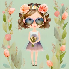 a girl with sunglasses and a floral headdress, designed for a spring wedding anniversary, showcasing art, design AI Generative 
