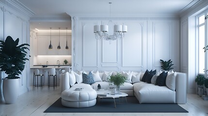 Fototapeta na wymiar Elegant Apartment with Open Kitchen and Spacious Living Room featuring a Big White Corner Sofa