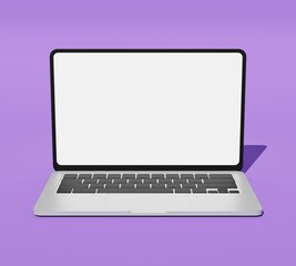 Modern laptop mockup front view, isolated on purple background. Realistic laptop mockup with white blank screen for advertising text