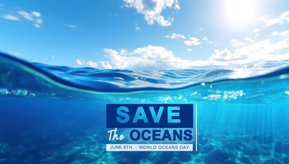 Naklejka premium Under the ocean with SAVE THE OCEANS text , Generative Ai