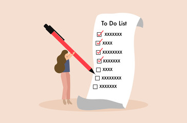 A businesswoman is checking to do list vector, woman&rsquo;s working on paper vector, a woman is planning to do list, businesswoman&rsquo;s writing down to do list on paper, productive woman is planning to work.