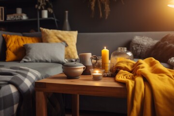 floor grey home house yellow modern sofa decor pillow interior cushion. Generative AI.