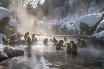 A troupe of mischievous wild monkeys joyfully frolic and play at the outdoor snowing hot spring onsen, appearing carefree and at ease in their natural habitat. generative AI. - obrazy, fototapety, plakaty