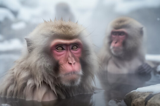 A troupe of mischievous wild monkeys joyfully frolic and play at the outdoor snowing hot spring onsen, appearing carefree and at ease in their natural habitat. generative AI.