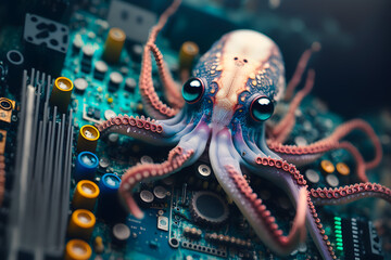 Obraz premium The micro nano octopus, squid, tentacles, made its way into the motherboard to the computer processor. Virus infection concept capture control protect data. Generative AI.