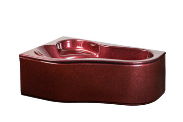 Corner acrylic red bathtub with metal particlesthat create a shimmer at different angles. Normal...
