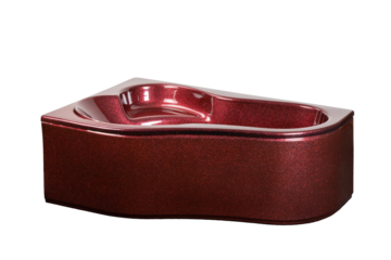 Corner acrylic red bathtub with metal particlesthat create a shimmer at different angles. Normal view.