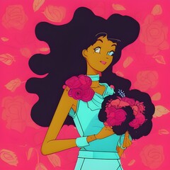 Retro anime-style cartoon of a young, fashionable African American woman, perfect as a gift for lovers of beauty and fashion flyer design, invitation card, AI Generated Image 