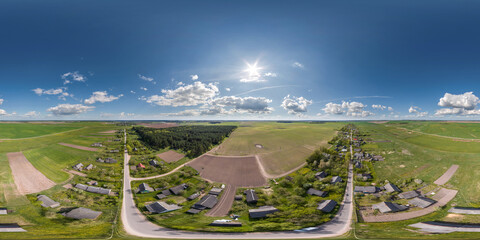 aerial full seamless spherical hdri 360 panorama view above green village with private development sector with country houses, long village along one road in equirectangular projection. - obrazy, fototapety, plakaty