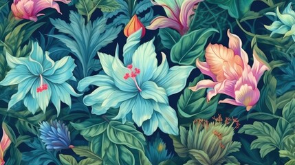 Beautiful Flowers, Exotic Oriental Floral Wallpaper for Interior Decor and Textiles , This wallpaper is suitable for interior mural painting wall art decor. AI