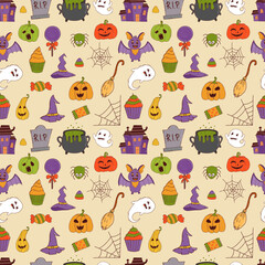 Funny halloween seamless pattern: pumpkin, ghost, witch hat, bat, sweets, spider, broom. Trick or treat concept. Vector illustration in hand drawn style