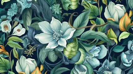 Fototapeta premium Beautiful Flowers, Exotic Oriental Floral Wallpaper for Interior Decor and Textiles , This wallpaper is suitable for interior mural painting wall art decor. AI