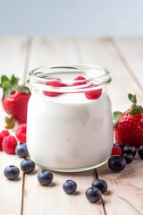 Yaourt aux fruits rouges, myrtille, fraise ou framboise, dans un pot en verre sur une table en bois, fond lumineux et minimaliste, illustration culinaire ia générative