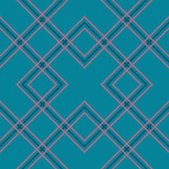 Seamless abstract geometric pattern of pink and dark blue intersecting lines on a blue background. Elegant checkered background