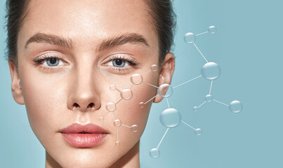 Beauty portrait of Caucasian young woman with healthy facial skin moisturizing her facial skin with drops of water. Concept of cosmetic procedures for skin care - obrazy, fototapety, plakaty